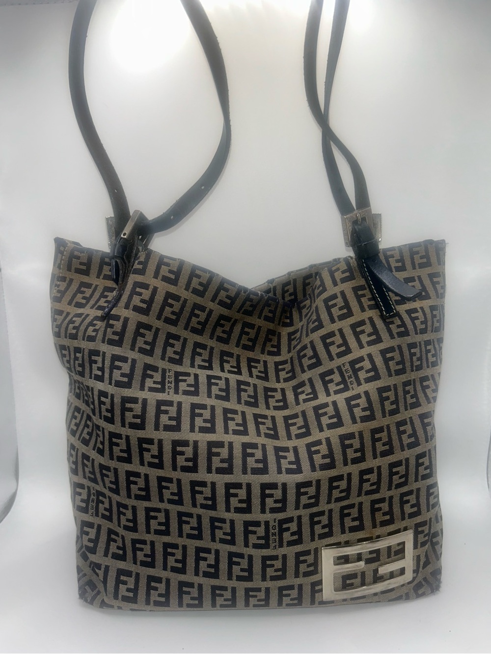 Fendi Vintage FF Zucca Jacquard Tote Bag Blue Leather Trim - Picture 2 of 10